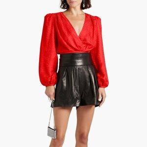 Ronny Kobo Eugenia Red Wrap Puff Balloon Sleeve Plunge Top M REVOLVE NWT